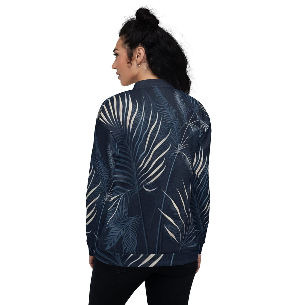 Womens Bomber Jacket Blue White Palm Leaves 2