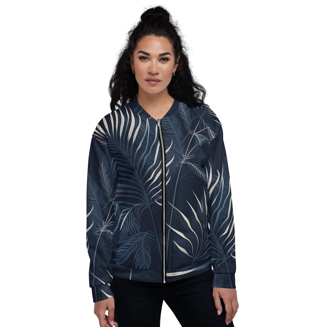 Womens Bomber Jacket Blue White Palm Leaves 2