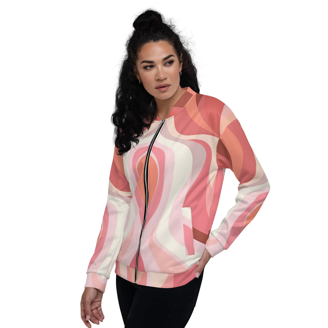 Womens Bomber Jacket Boho Pink And White Contemporary Art Lined 2