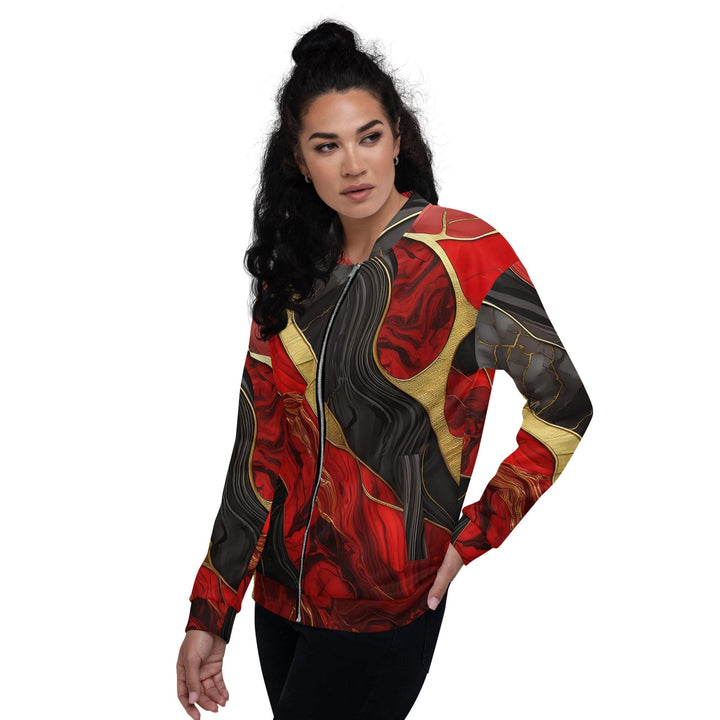 Womens Bomber Jacket Bold Red Gold Tones Print