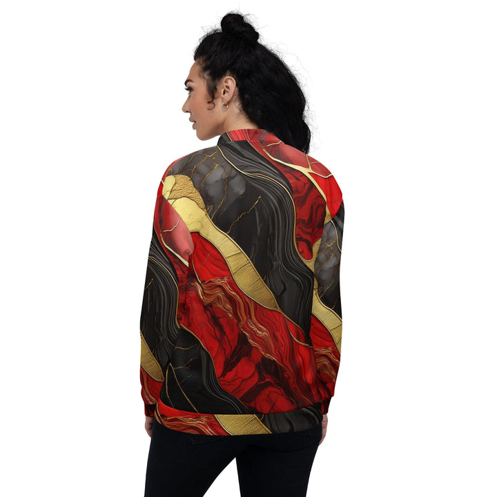 Womens Bomber Jacket Bold Red Gold Tones Print