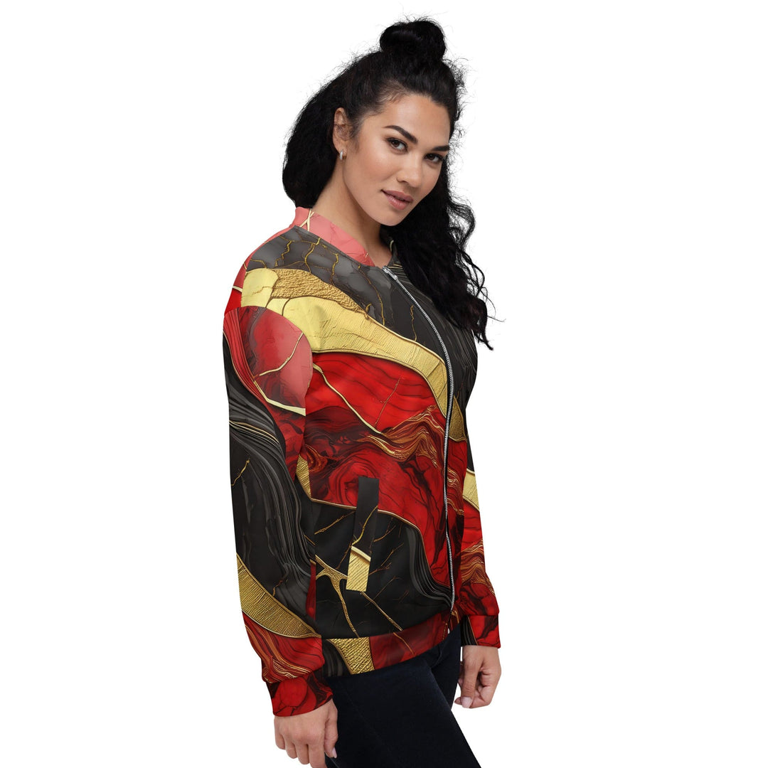 Womens Bomber Jacket Bold Red Gold Tones Print