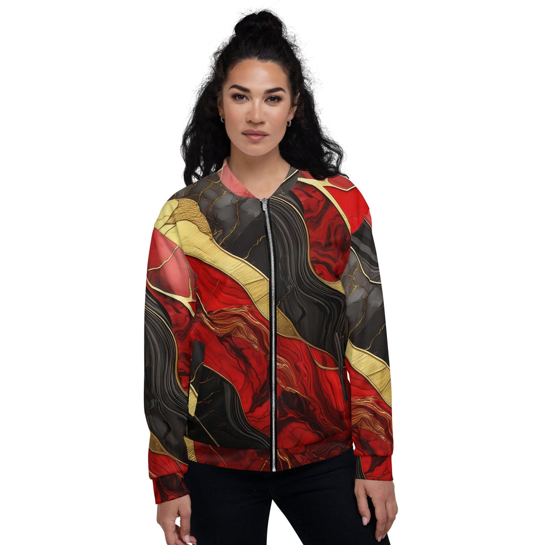 Womens Bomber Jacket Bold Red Gold Tones Print