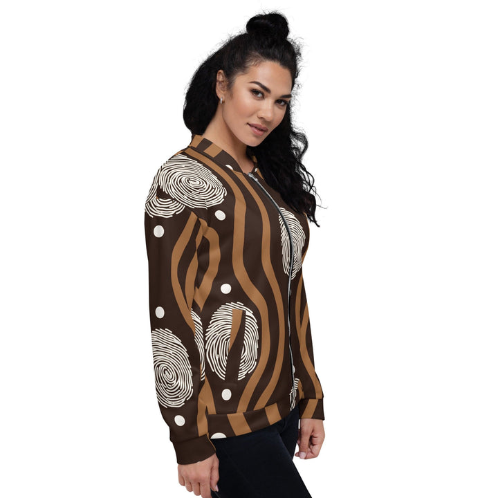 Womens Bomber Jacket Brown White Geometric Lines