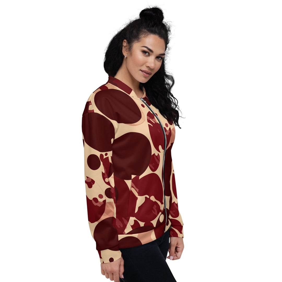 Womens Bomber Jacket Burgundy Beige Circular Print