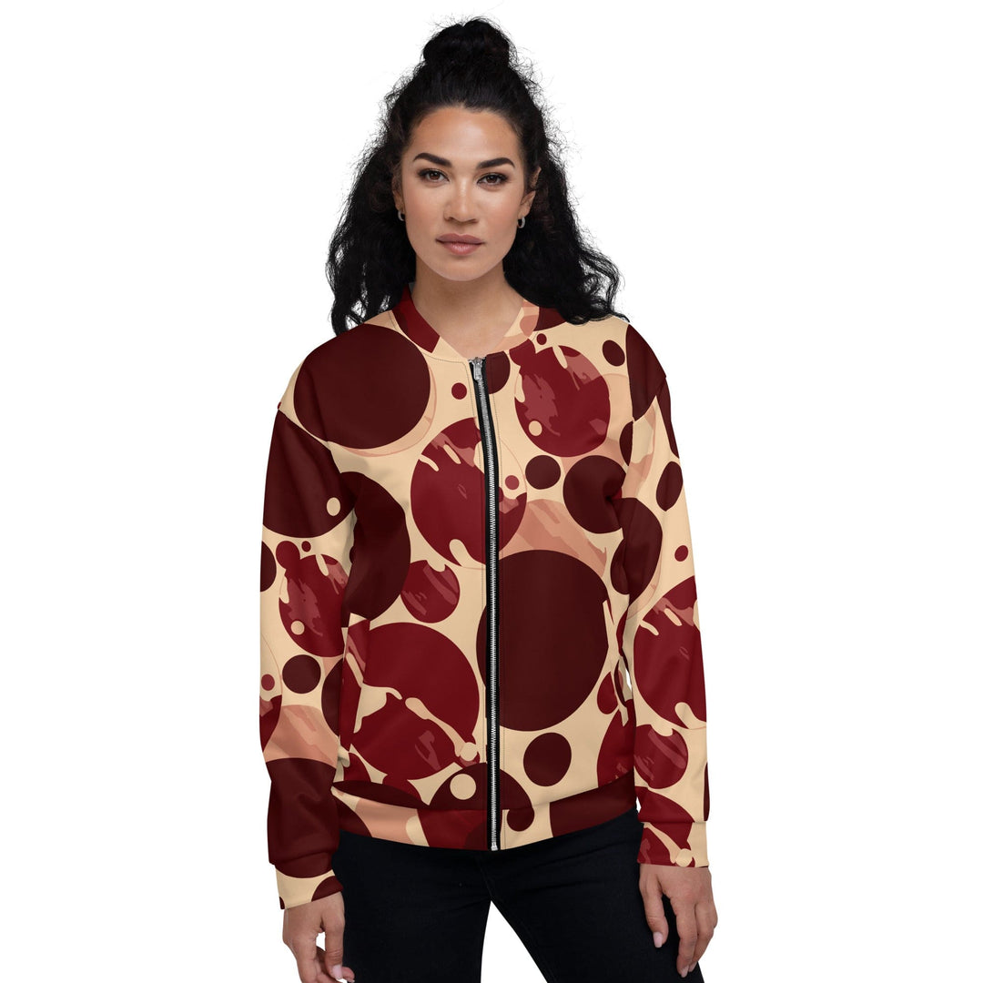 Womens Bomber Jacket Burgundy Beige Circular Print