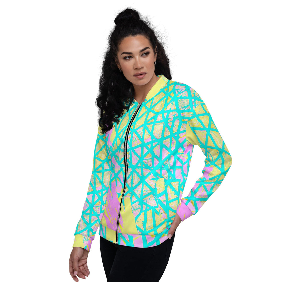 Womens Bomber Jacket Cyan Blue Lime Green and Pink Pattern 2