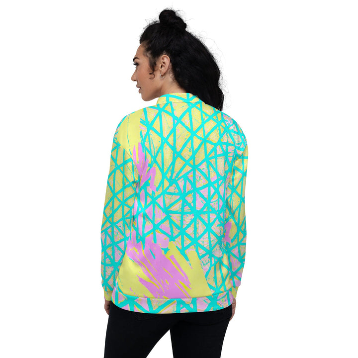 Womens Bomber Jacket Cyan Blue Lime Green and Pink Pattern 2