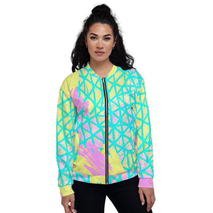 Womens Bomber Jacket Cyan Blue Lime Green and Pink Pattern 2