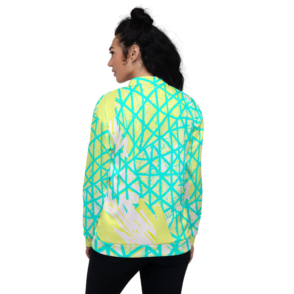 Womens Bomber Jacket Cyan Blue Lime Green And White Pattern 2