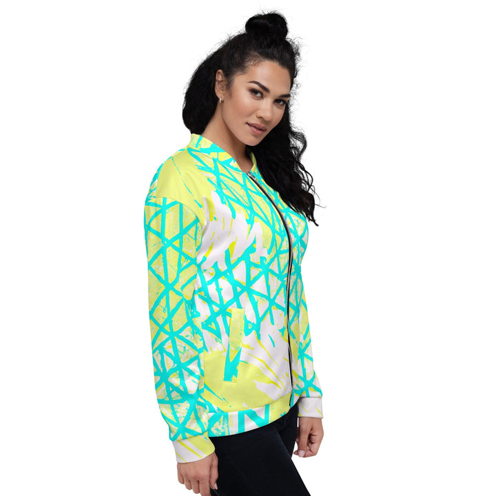 Womens Bomber Jacket Cyan Blue Lime Green And White Pattern 2