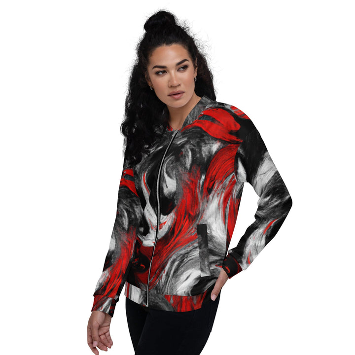 Womens Bomber Jacket Decorative Black Red White Abstract Seamless 2
