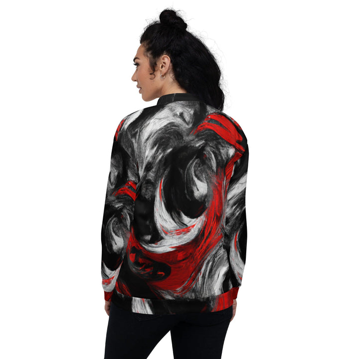 Womens Bomber Jacket Decorative Black Red White Abstract Seamless 2