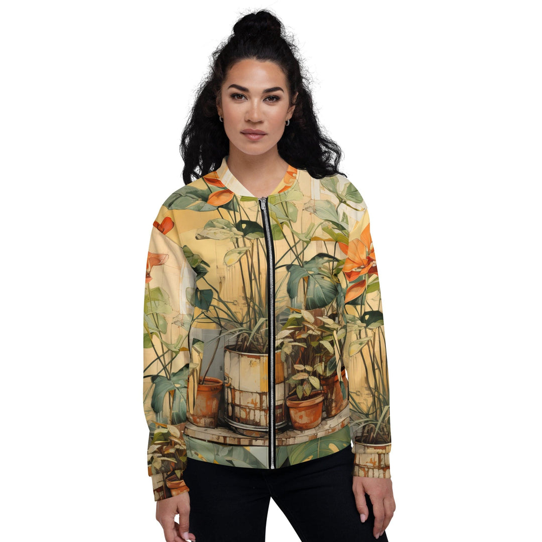 Womens Bomber Jacket Earthy Rustic Potted Plants Print 2