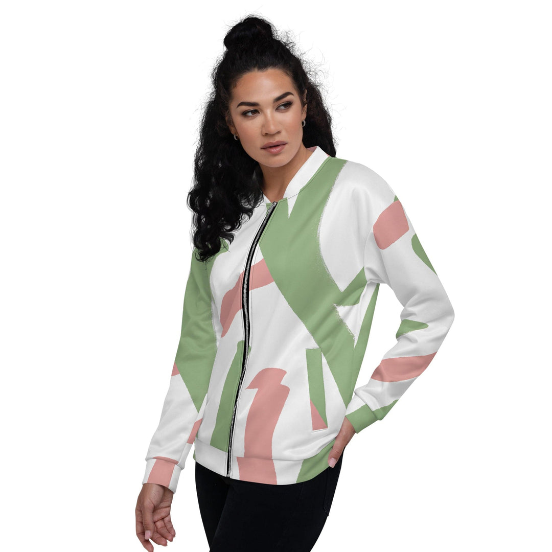 Womens Bomber Jacket Green Mauve Abstract Brush Stroke Pattern 2