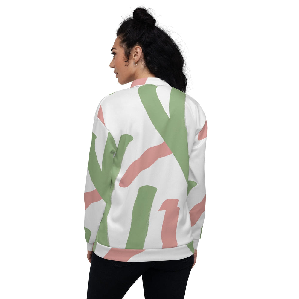 Womens Bomber Jacket Green Mauve Abstract Brush Stroke Pattern 2