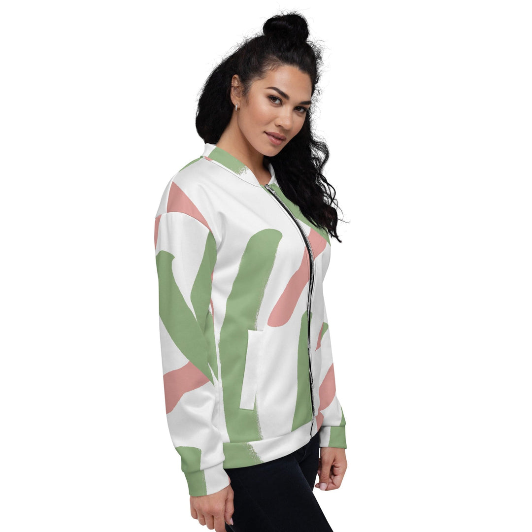 Womens Bomber Jacket Green Mauve Abstract Brush Stroke Pattern 2