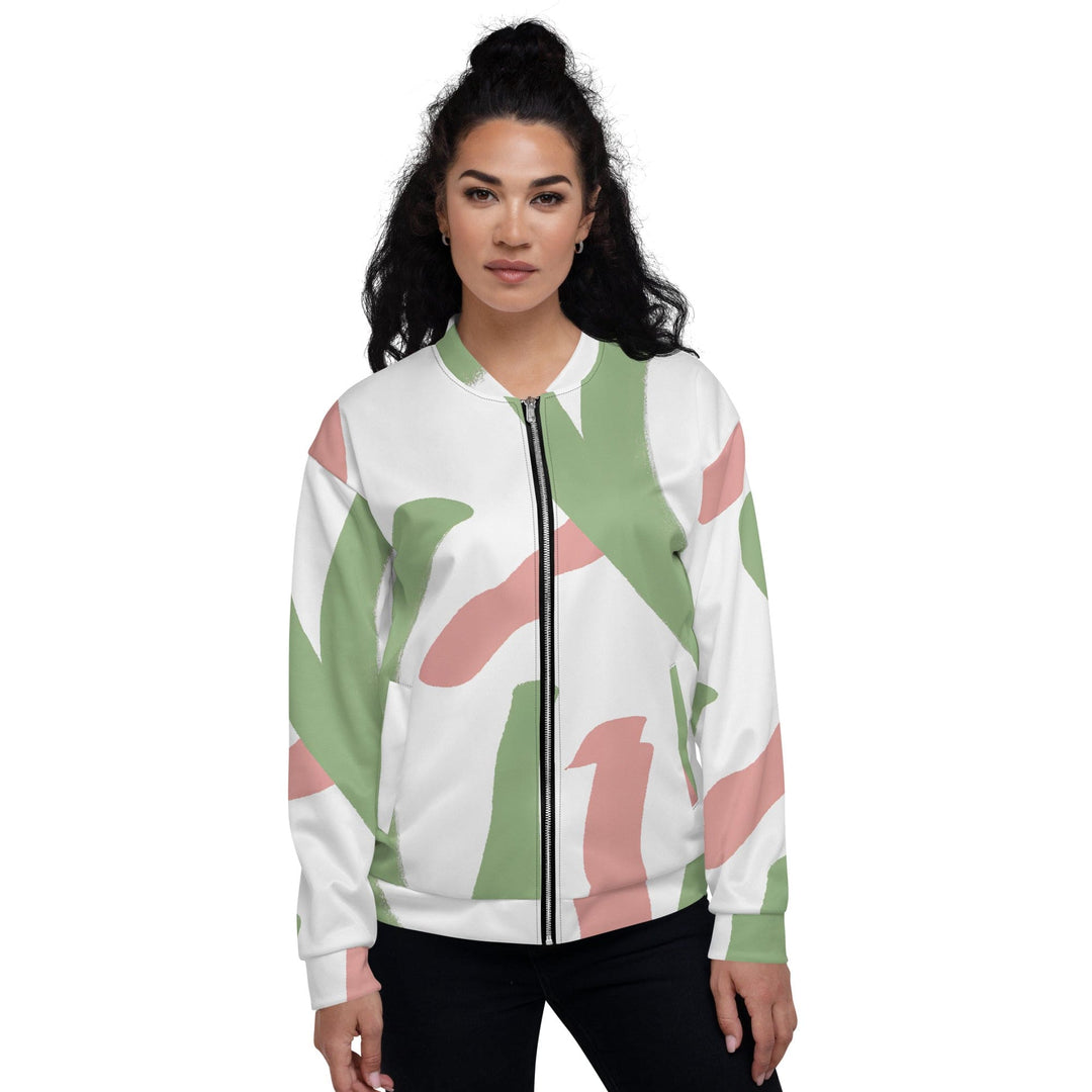 Womens Bomber Jacket Green Mauve Abstract Brush Stroke Pattern 2