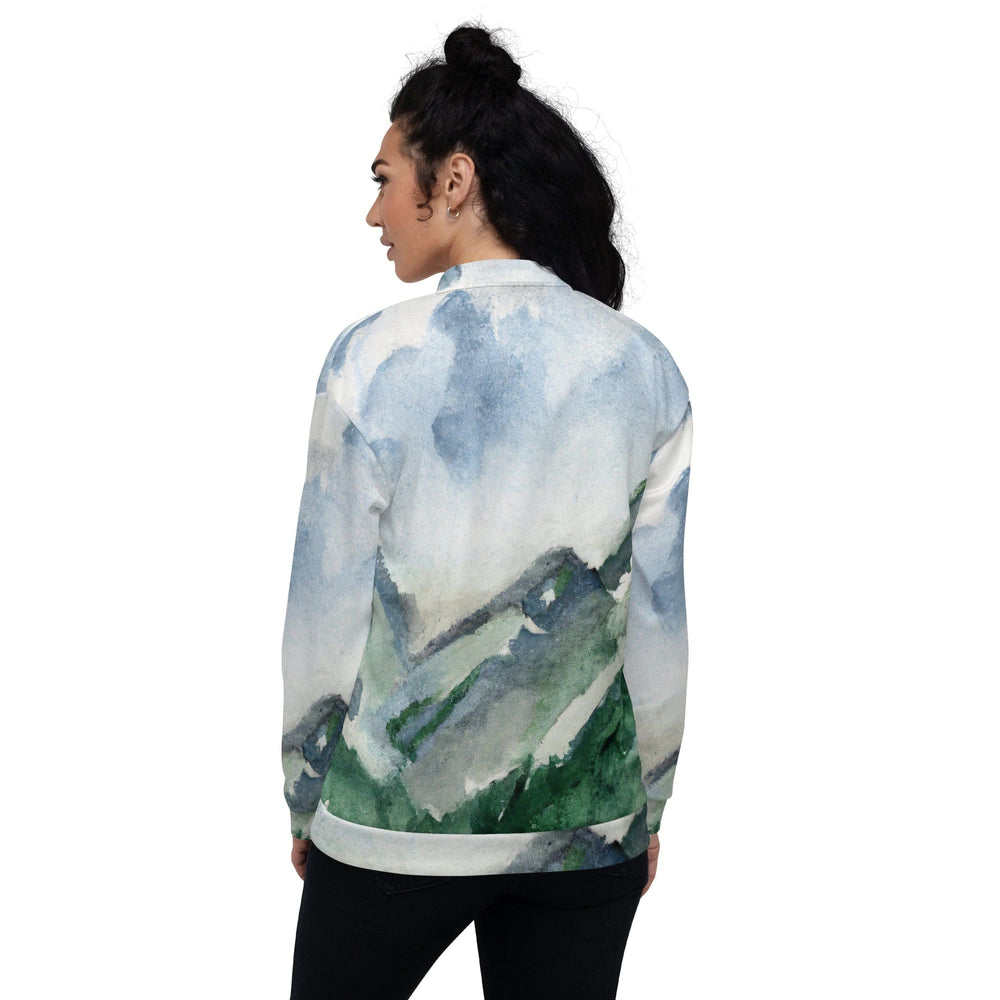 Womens Bomber Jacket Green Mountainside Nature Landscape Blue Sky 2