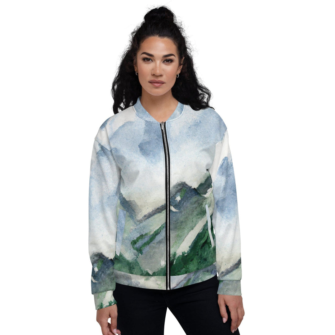 Womens Bomber Jacket Green Mountainside Nature Landscape Blue Sky 2