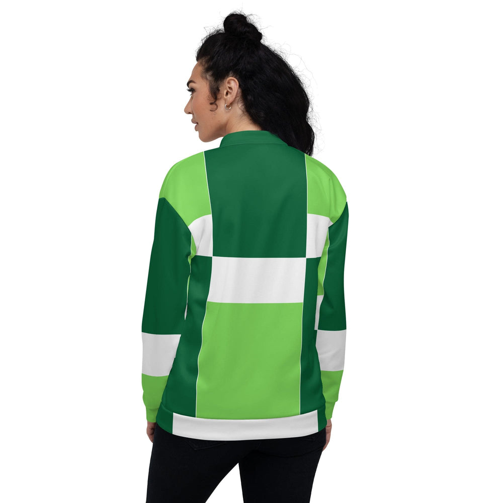 Womens Bomber Jacket Green White Colorblock Grid Lines