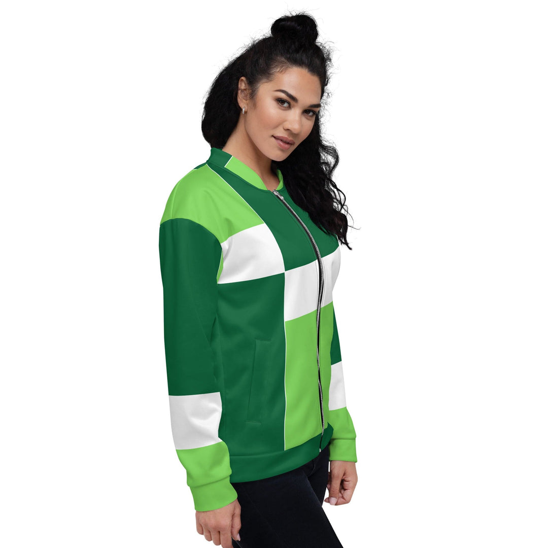 Womens Bomber Jacket Green White Colorblock Grid Lines