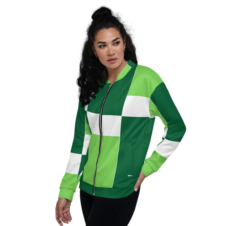 Womens Bomber Jacket Green White Colorblock Grid Lines