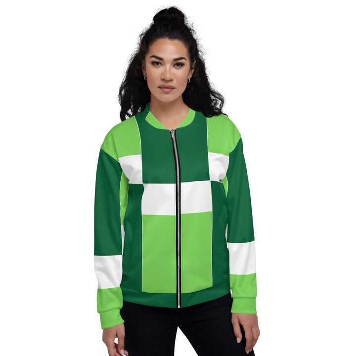 Womens Bomber Jacket Green White Colorblock Grid Lines