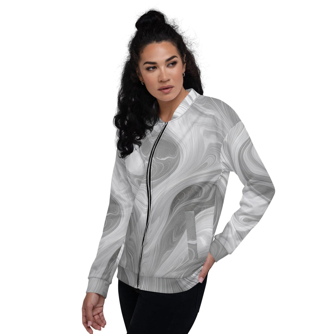 Womens Bomber Jacket Grey White Boho Marble Print