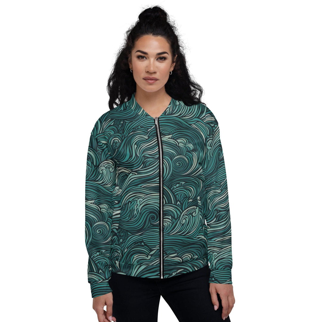 Womens Bomber Jacket Mint Green Water Wave Print