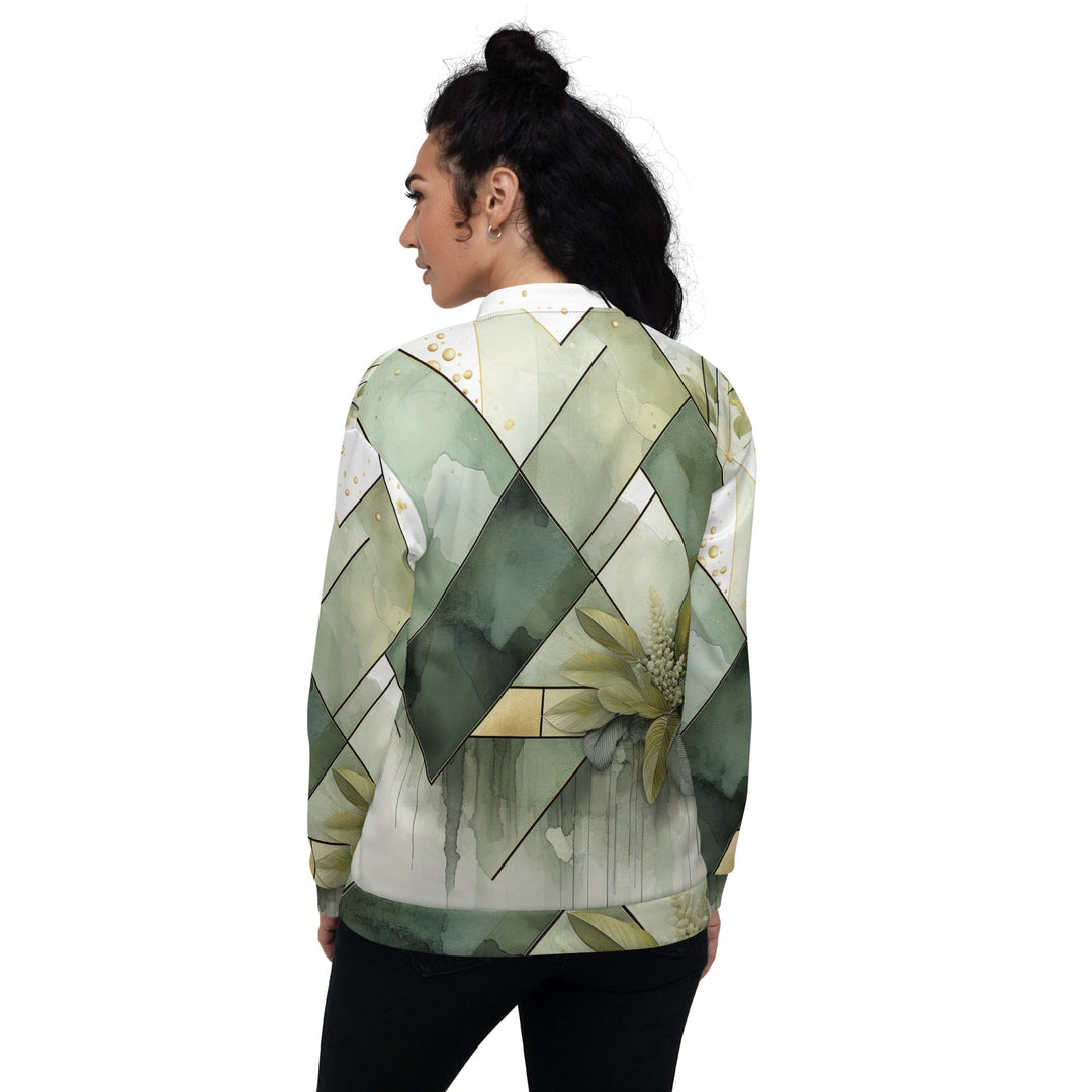 Womens Bomber Jacket Olive Green Mint Leaf Geometric Print 2