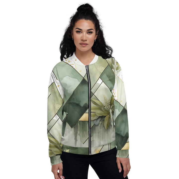 Womens Bomber Jacket Olive Green Mint Leaf Geometric Print 2