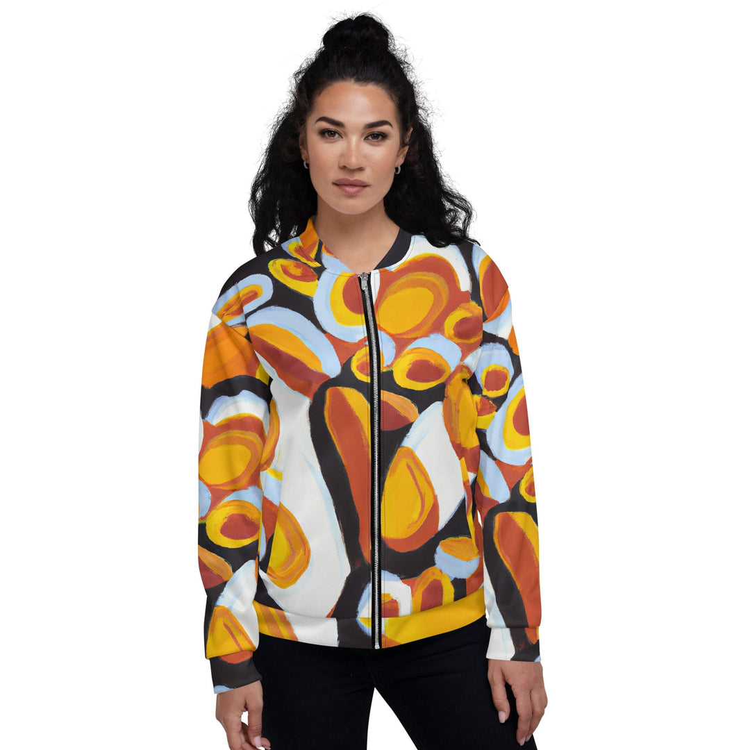 Womens Bomber Jacket Orange Black White Geometric Print Pattern 2