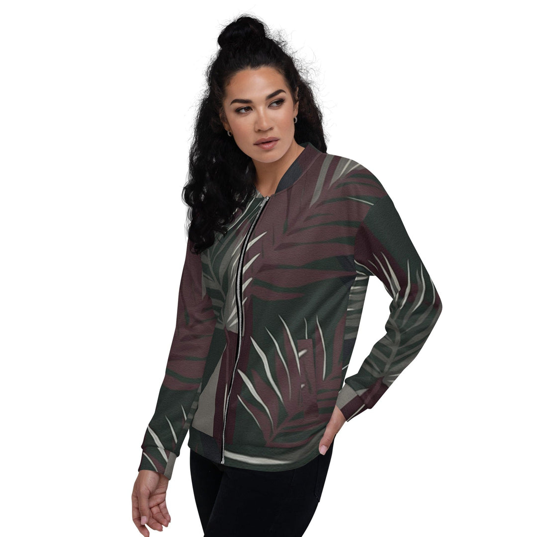 Womens Bomber Jacket Palm Tree Leaves Maroon Green Background 2