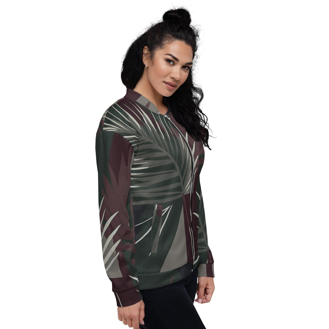 Womens Bomber Jacket Palm Tree Leaves Maroon Green Background 2