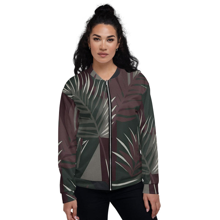 Womens Bomber Jacket Palm Tree Leaves Maroon Green Background 2