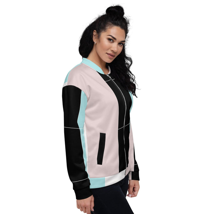 Womens Bomber Jacket Pastel Pink Black Blue Colorblock Lines