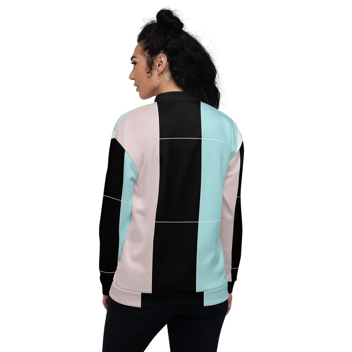 Womens Bomber Jacket Pastel Pink Black Blue Colorblock Lines