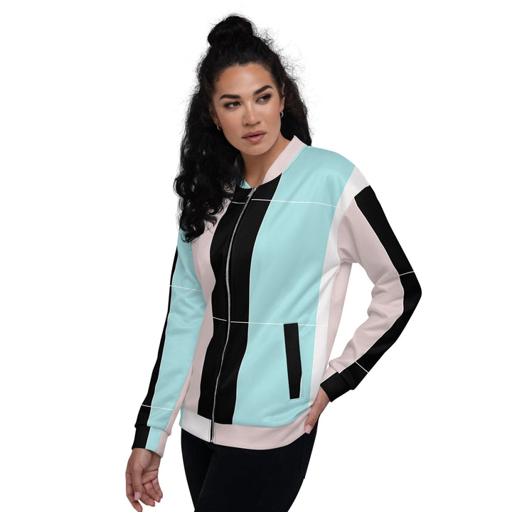 Womens Bomber Jacket Pastel Pink Black Blue Colorblock Lines