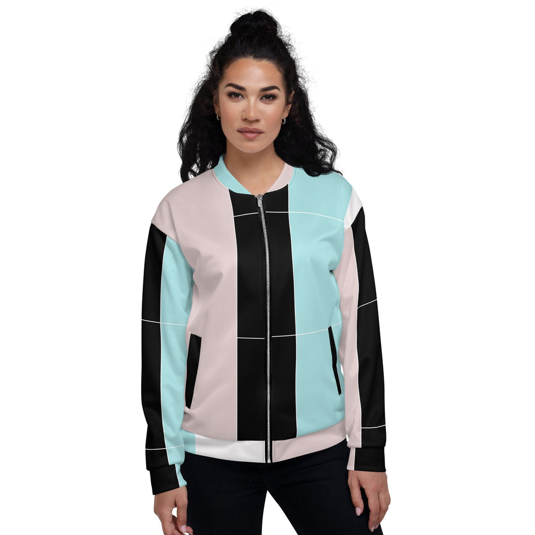 Womens Bomber Jacket Pastel Pink Black Blue Colorblock Lines