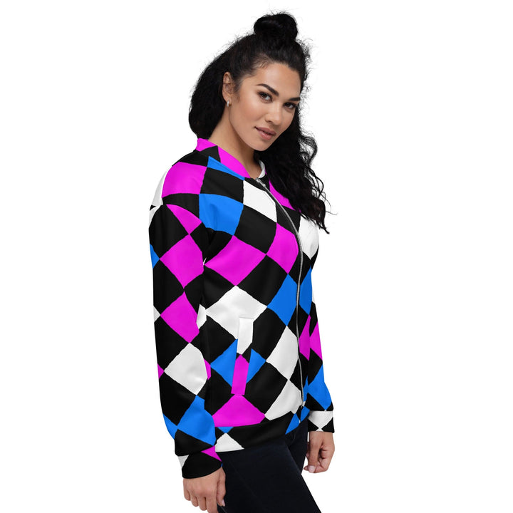 Womens Bomber Jacket Pink Blue Checkered Pattern 2