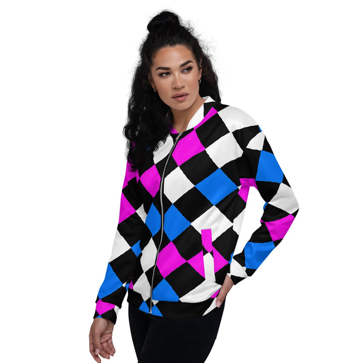 Womens Bomber Jacket Pink Blue Checkered Pattern 2