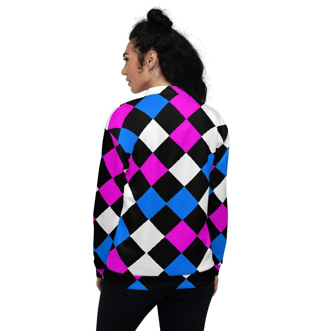 Womens Bomber Jacket Pink Blue Checkered Pattern 2