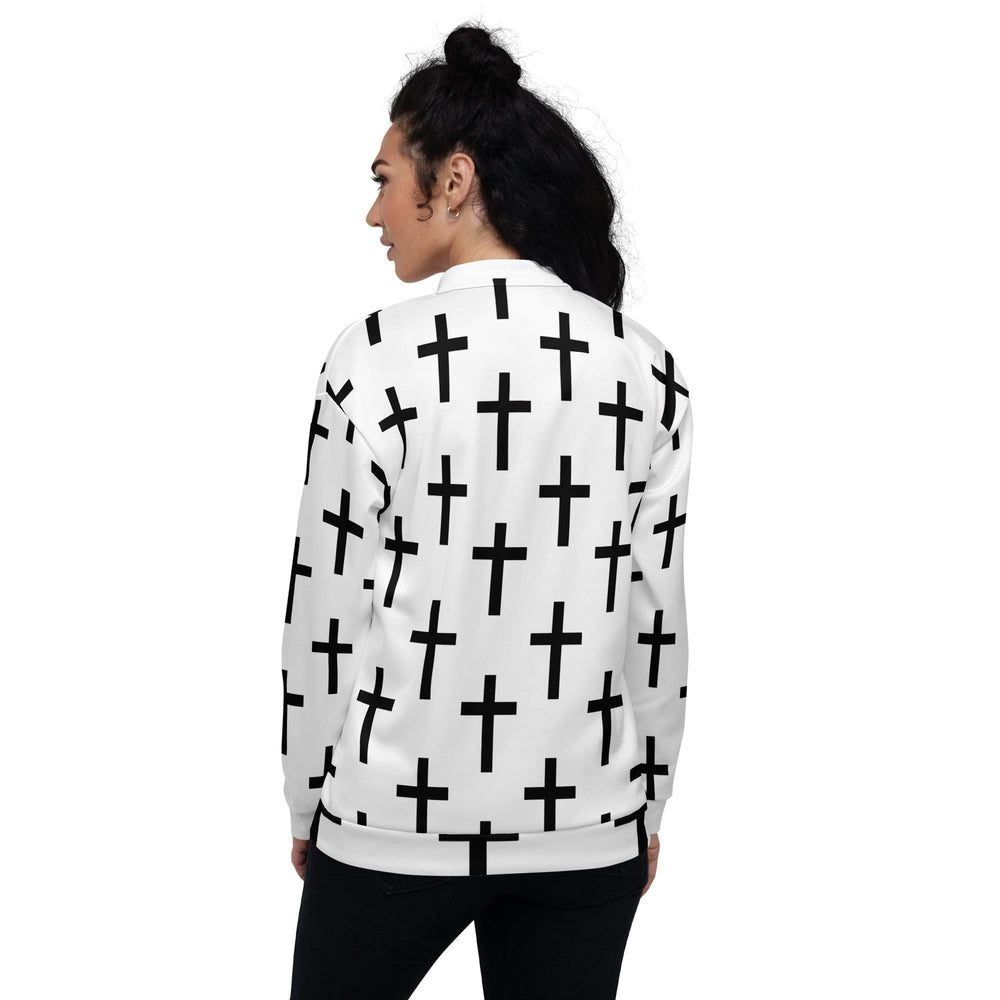 Womens Bomber Jacket White Black Cross Print