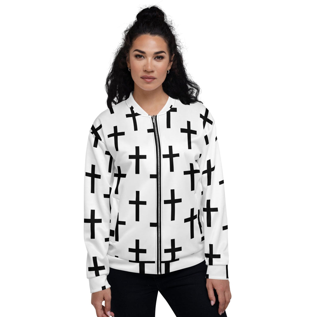 Womens Bomber Jacket White Black Cross Print