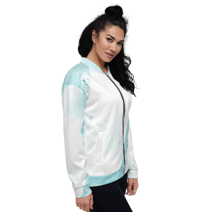 Womens Bomber Jacket Subtle Abstract Ocean Blue and White Print 2