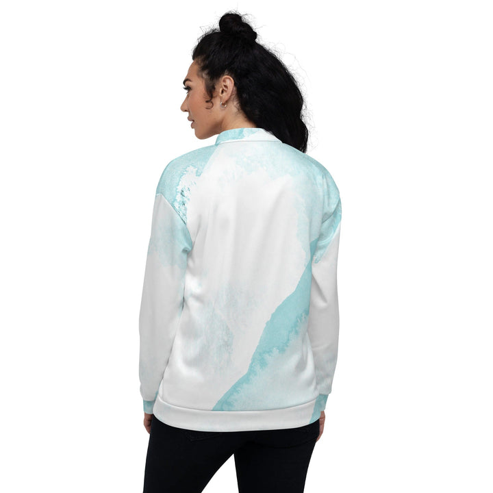 Womens Bomber Jacket Subtle Abstract Ocean Blue and White Print 2