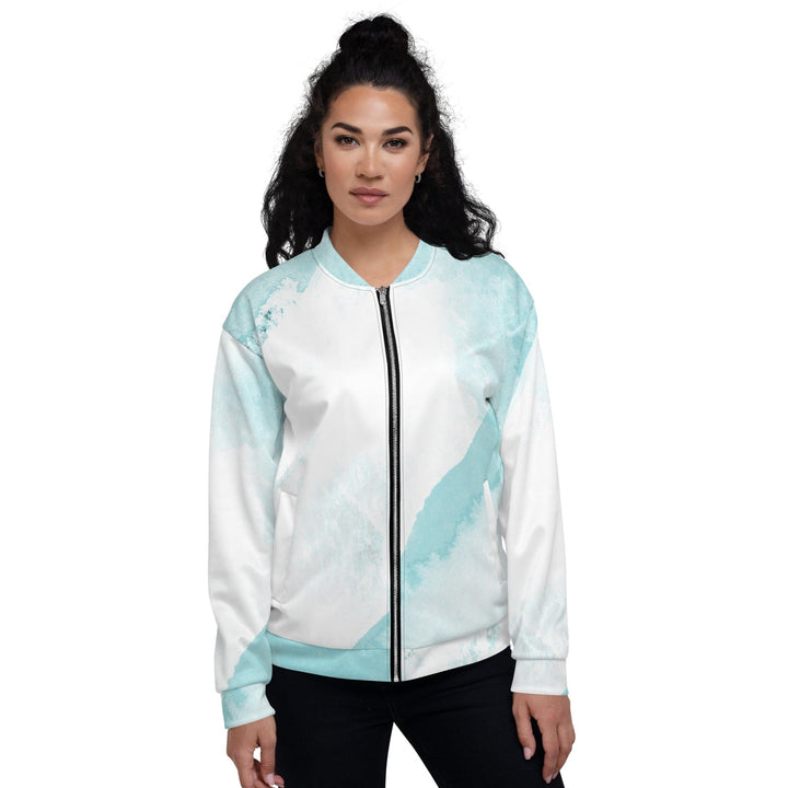 Womens Bomber Jacket Subtle Abstract Ocean Blue and White Print 2