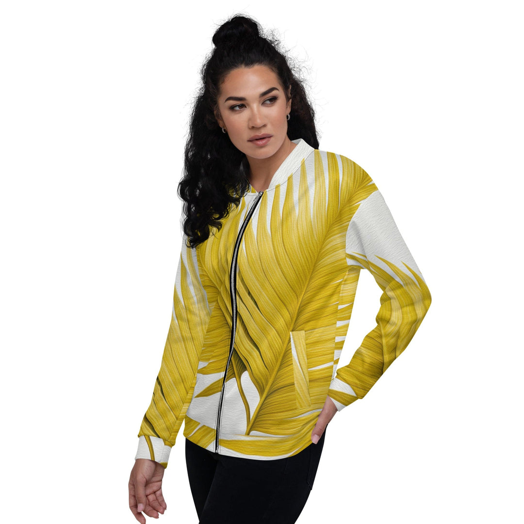 Womens Bomber Jacket Yellow Palm Leaves 2