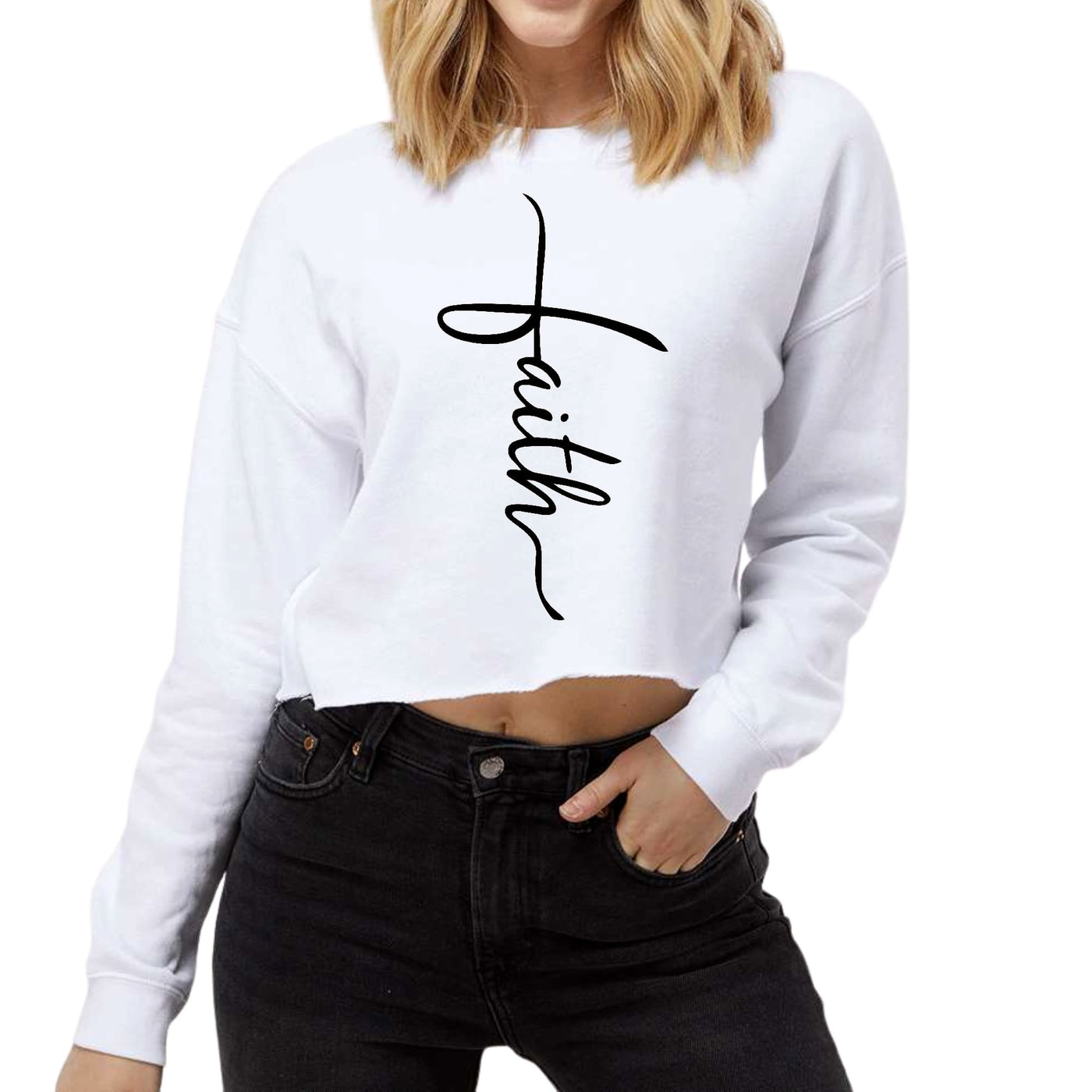 Womens Cropped Graphic Sweatshirt Faith Script Cross Black - Sweatshirts